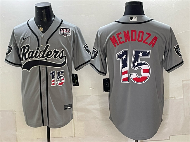 Men's Las Vegas Raiders #15 Fernando Mendoza Grey USA 250 Fourth of July Vapor Limited Stitched Baseball Jersey